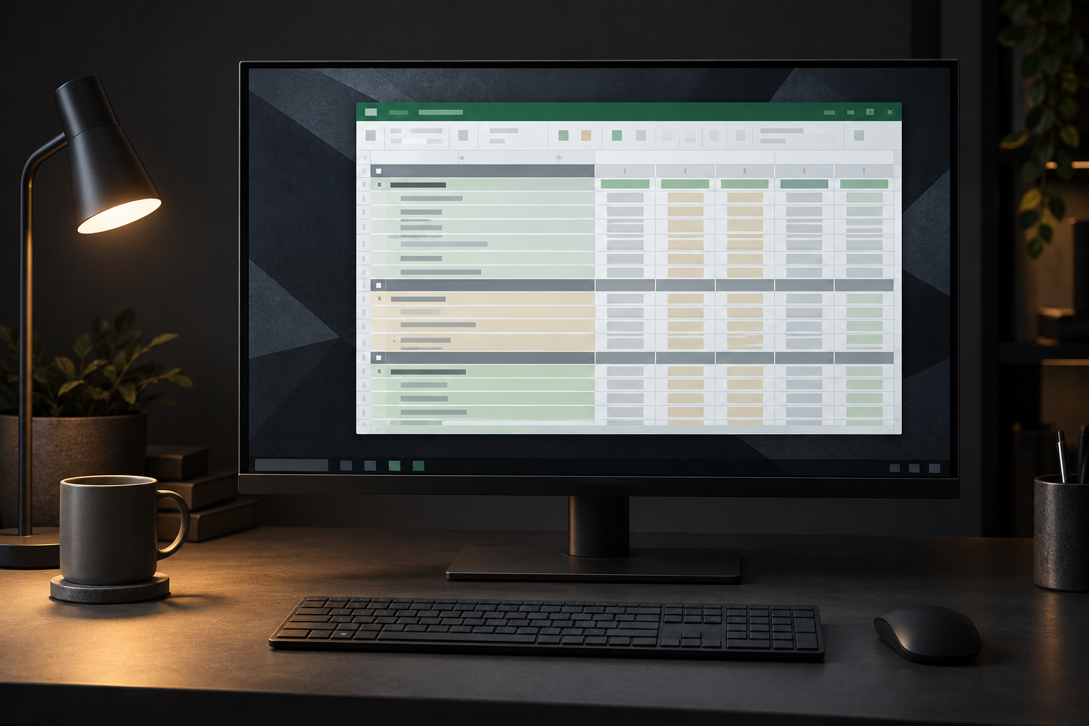 Conceptual desktop workspace with an Excel-style spreadsheet represented by coloured cells.